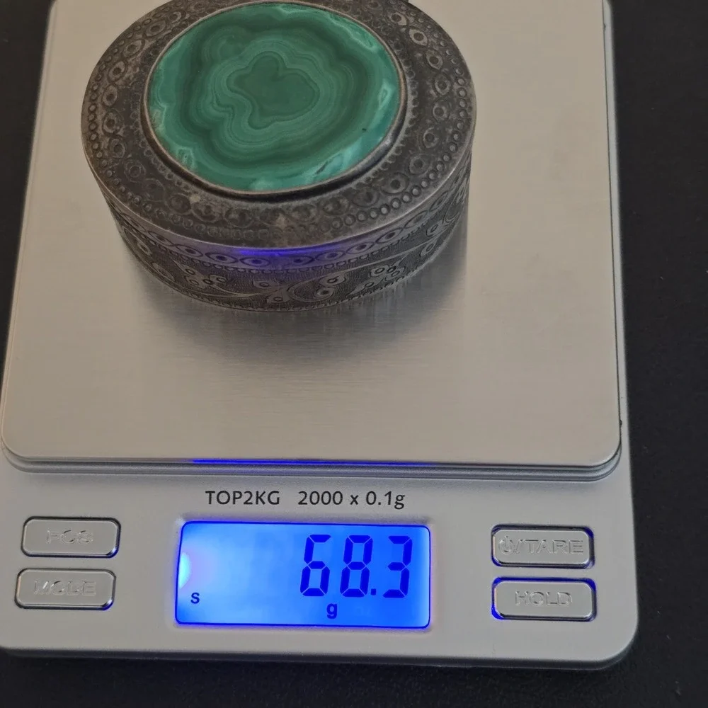 Vintage Antique Sterling Silver Malachite Stone Trinket Box‎